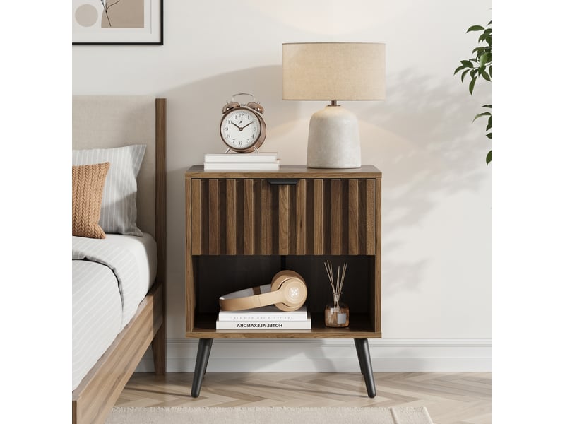  Table de chevet moderne, tiroir et niche ouverte, meuble de rangement chambre et salon, confortable, mdf, noyer et noir  - Conforama D