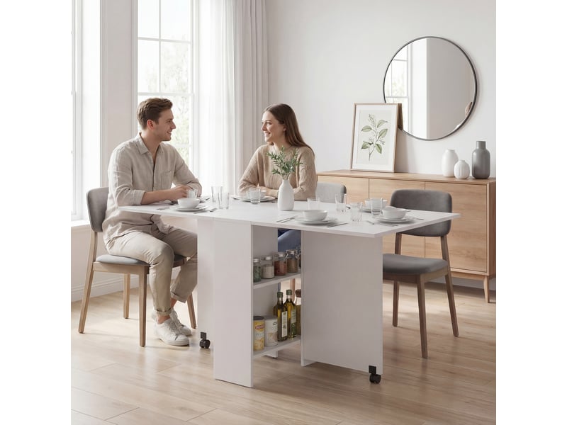  Table de salle à manger pliante à roulettes avec abattants et étagères pour 4 à 6 personnes, 75 x 140 x 74 cm, blanche  - Conforama D