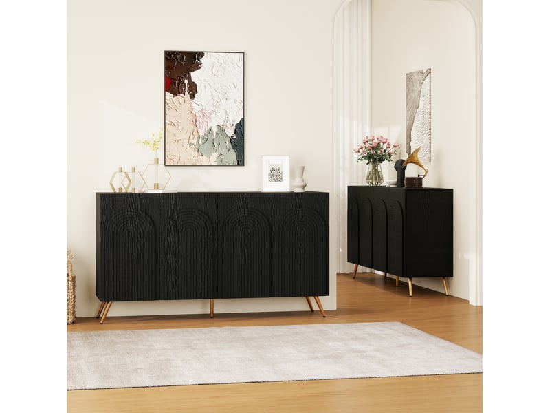  Meuble à chaussures 150x38x83 cm noir en panneau de particules, style mid-century avec portes cintrées  - Conforama B