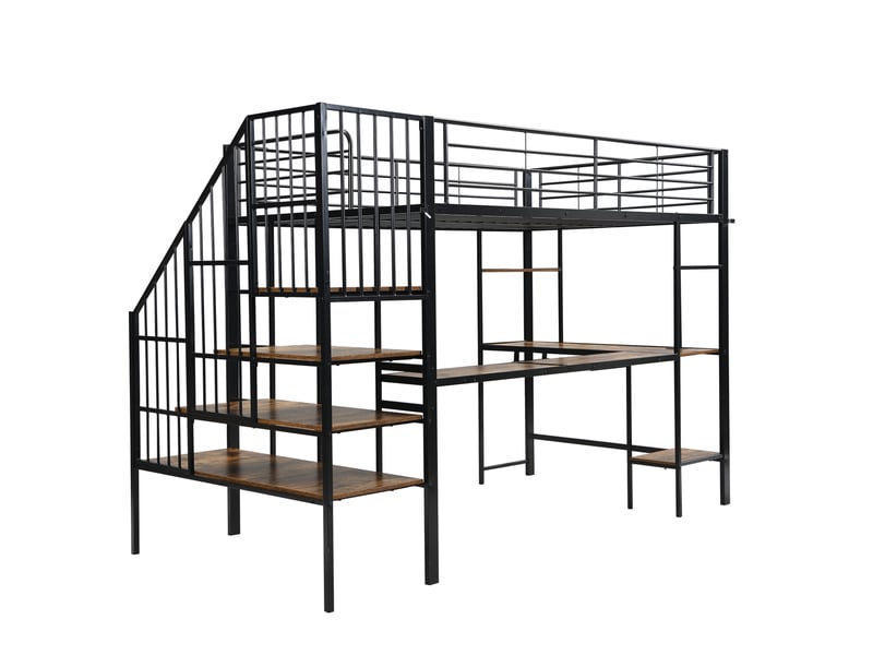  Lit mezzanine enfant 120x200 cm – noir et noyer foncé – bureau intégré, escalier d’angle et recharge – sans matelas  - Conforama D