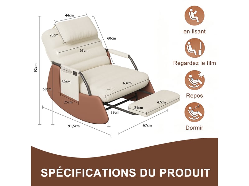  Fauteuil à bascule inclinable avec repose-pieds intégré - dossier 3 positions, velours côtelé, poche latérale - beige  - Conforama E
