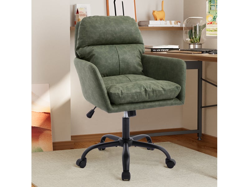  Fauteuil de bureau réglable en hauteur en cuir régénéré vert, base noire et rembourrage confortable  - Conforama B
