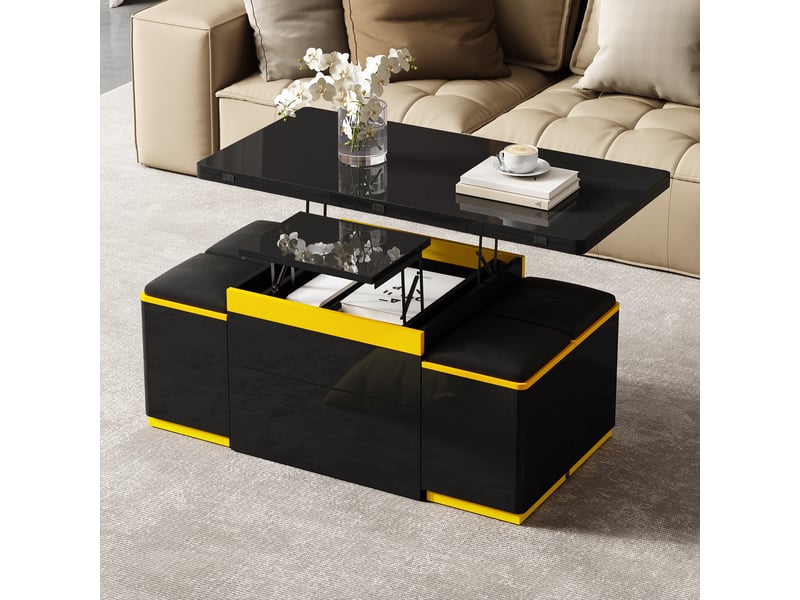  Table basse 100x50x43 cm relevable et dépliable, rangements et 4 poufs coffres, mdf et panneaux de particules, noir et jaune ABC - Conforama D