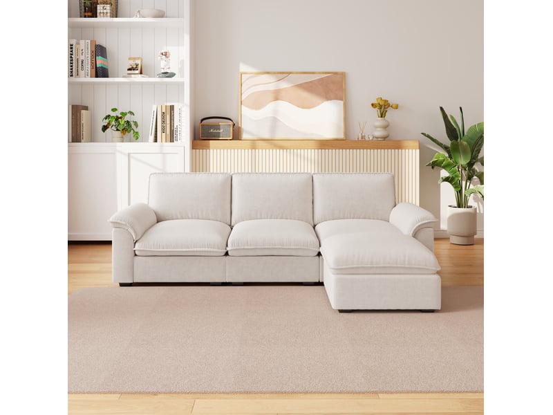  Canapé d'angle modulaire 4 places avec ottomane mobile, coussins et housses zippées en chenille beige  - Conforama E