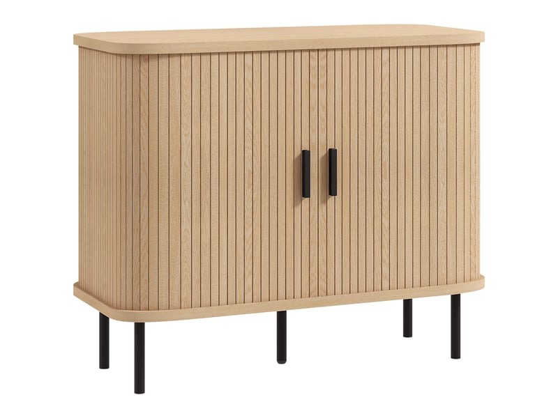 Buffet meuble de rangement avec portes coulissantes à lattes, ton chêne, armoire de cuisine avec pieds en acier - Conforama B