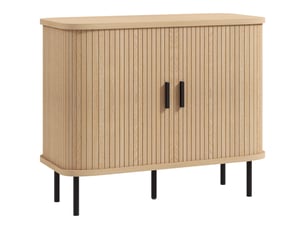 Buffet meuble de rangement avec portes coulissantes à lattes, ton chêne, armoire de cuisine avec pieds en acier