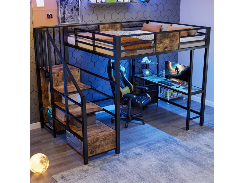  Lit mezzanine 140x200 cm avec bureau, étagères, penderie, lit enfant avec led et prise, métal et mdf, noir sans matelas  - Conforama D