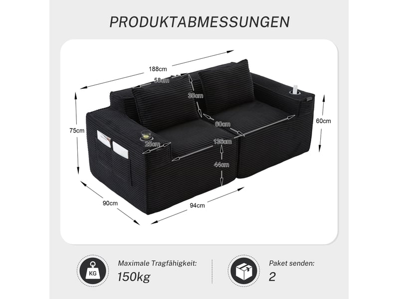  Canapé 2 places modulaire 188x90x75 cm avec porte-gobelets et poches latérales, velours côtelé noir  - Conforama C