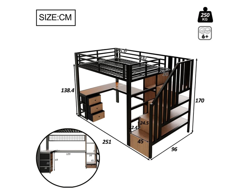 Lit mezzanine enfant 90x200 cm avec bureau, escalier avec rangement, 4 tiroirs, led, cadre métallique et mdf, noir Radiant Stride - Conforama C