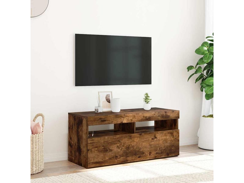 Meuble tv - banc tv - meuble de rangement avec lumières led chêne fumé 90x35x40 cm - Conforama B
