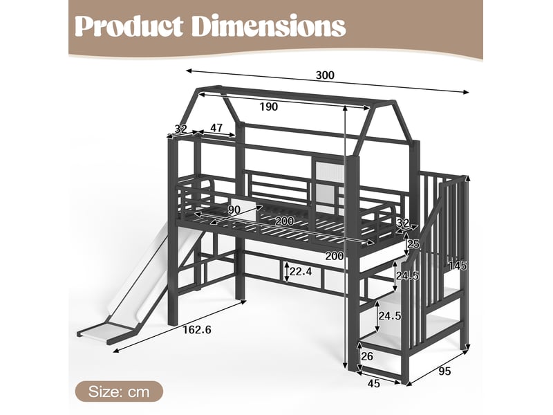  Lit mezzanine enfant maison en métal noir avec toboggan, escalier, rangements et éclairage led bluetooth, matelas 90 x 200 cm  - Conforama E