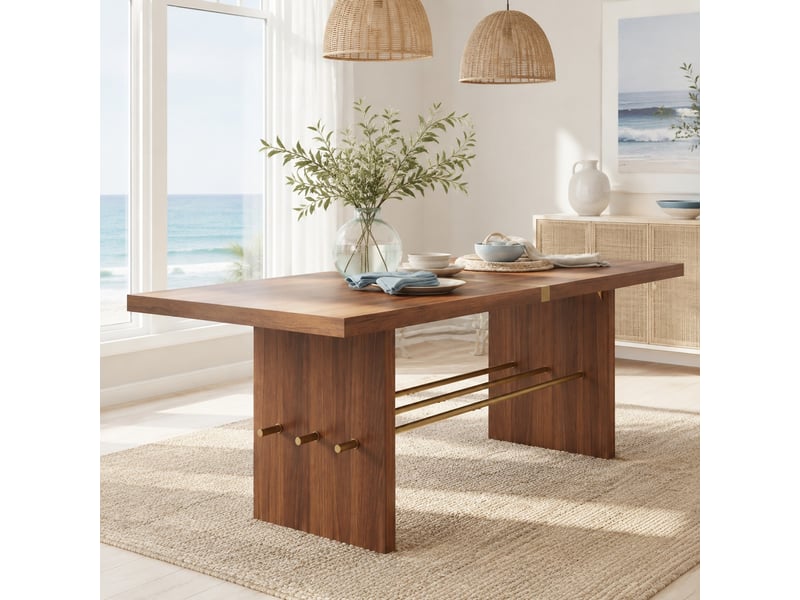  Table de salle à manger pour 6 à 8 personnes avec plateau épais stable et traverse dorée, en mdf noyer, 180 × 75 cm  - Conforama B