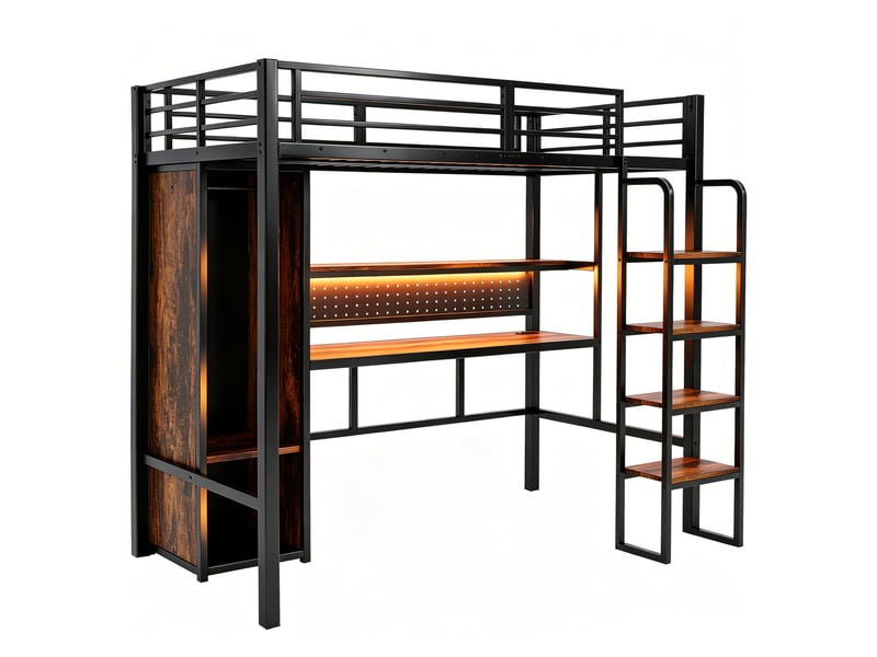  Lit mezzanine en métal, 90 x 200 cm. Escalier vertical, avec grand bureau à panneaux perforés, bande lumineuse led multicolore, étagère à un niveau, armoire simple, lit simple, noir.  - Conforama E
