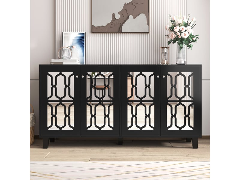  Buffet et enfilade avec 4 portes et 2 étagères réglables, façades miroir, en mdf, noir, 160×40×84 cm - uvrion  - Conforama D