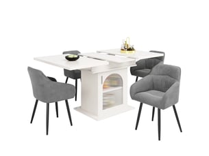 Table à manger rectangulaire extensible 110-140 x 80 cm avec rangement 3 niveaux, portes vitrées, étagères réglables, finition blanche moderne