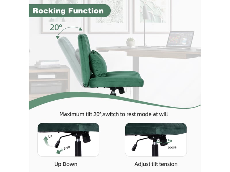  Chaise de bureau pivotante réglable en hauteur, dossier inclinable, roulettes silencieuses et coussin en tissu vert  - Conforama E