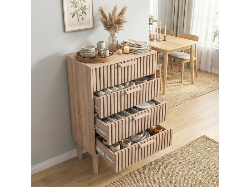  Commode de chambre, 60x34x91 cm, 4 tiroirs de rangement, en bois, design à lattes, couleur bois naturel  - Conforama D