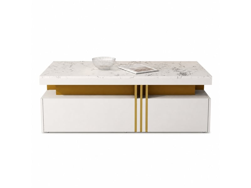  Meuble tv avec 3 tiroirs et table basse à 2 tiroirs pour salon en panneaux de particules blanc  - Conforama A