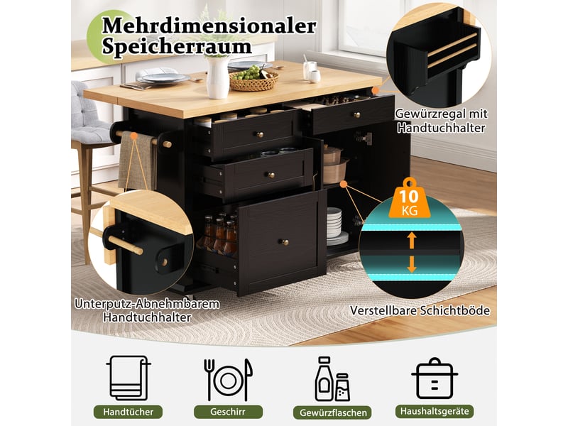 Desserte de cuisine 2 portes, tiroirs compartimentés, plateau rabattable sur roulettes, noir bois, 107×45-70×90,5 cm - Conforama C