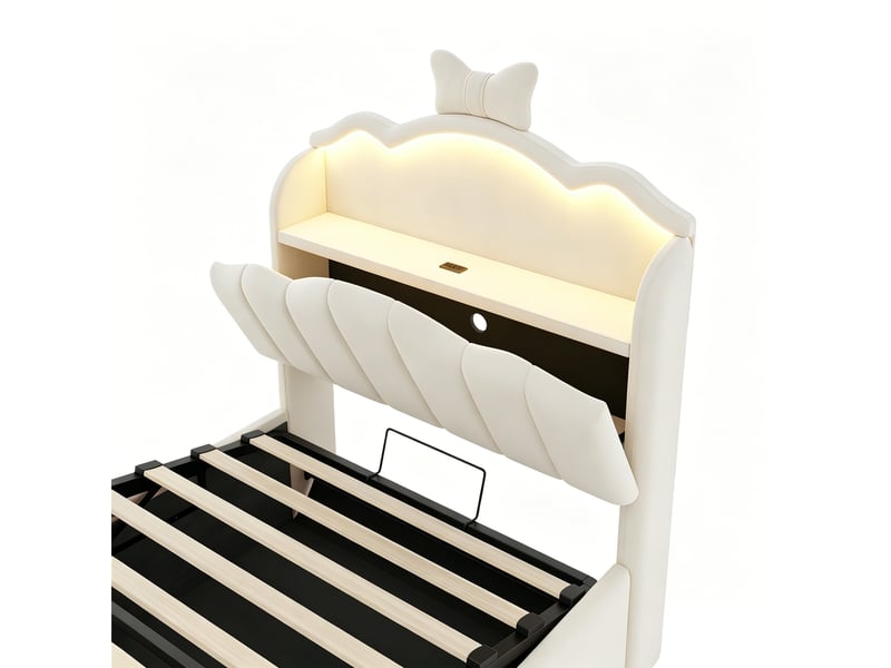  Lit d'enfant rembourré de 90 x 200 cm, avec rangement hydraulique, équipé de ports de recharge usb et usb-c, en velours, beige  - Conforama W