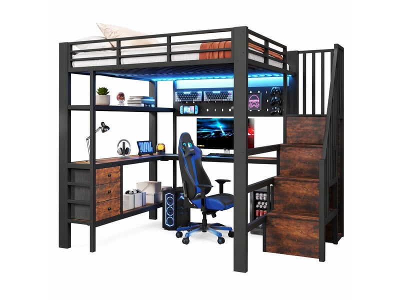  Lit mezzanine 140x200 cm avec bureau, rangements et led noir  - Conforama A