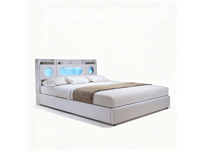  Lit coffre 140x200 cm - pu blanc - sommier à lattes - lit double - tête de lit avec led et ports usbtype-c  - Conforama A