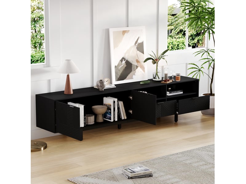  Meuble tv modenvie noir 200 x 40 x 51 cm avec rangement et passe-câbles  - Conforama E