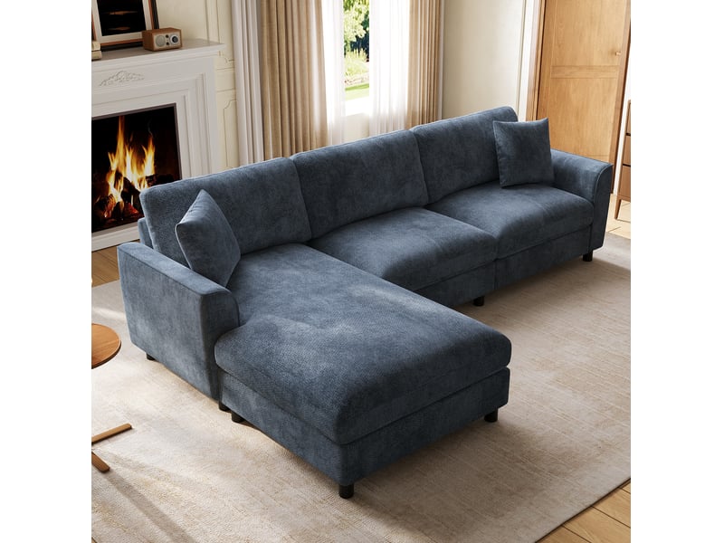  Canapé d'angle réversible 3 places, méridienne 90 cm et coussins amovibles en chenille bleu marine, 256 × 137 × 79 cm  - Conforama D