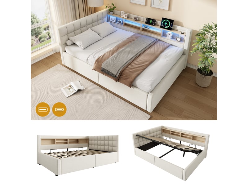  Lit coffre hydraulique 140x200 cm avec led dimmable, étagères, usb et tête réversible, tissu lin beige, sans matelas  - Conforama E