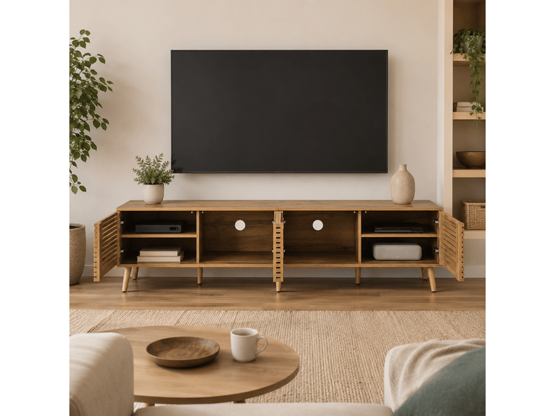 Meuble tv 180x40x46 cm - meuble bas avec 4 portes, façade ajourée, passe-câbles et grand rangement, pour tv jusqu’à 75 pouces - bois naturel - Conforama D