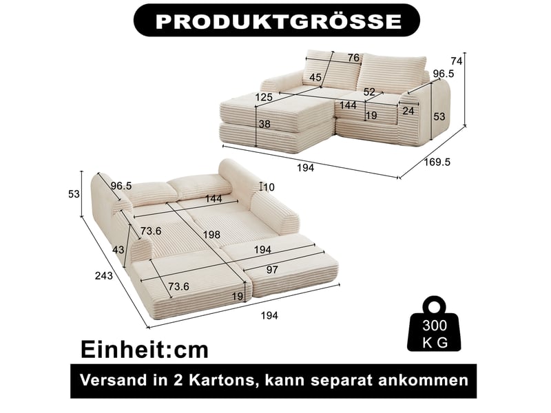  Canapé-lit modulable 2 places 194x169,5x74 cm beige  - Conforama E