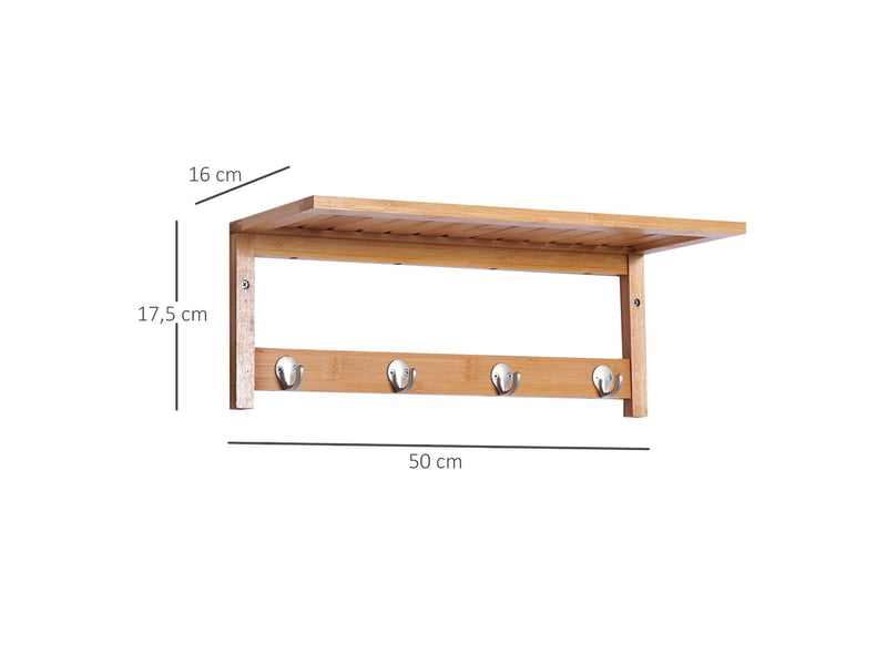 Porte-manteau mural avec 4 crochets et étagère bois naturel 50x16x17,5 cm  - Conforama C