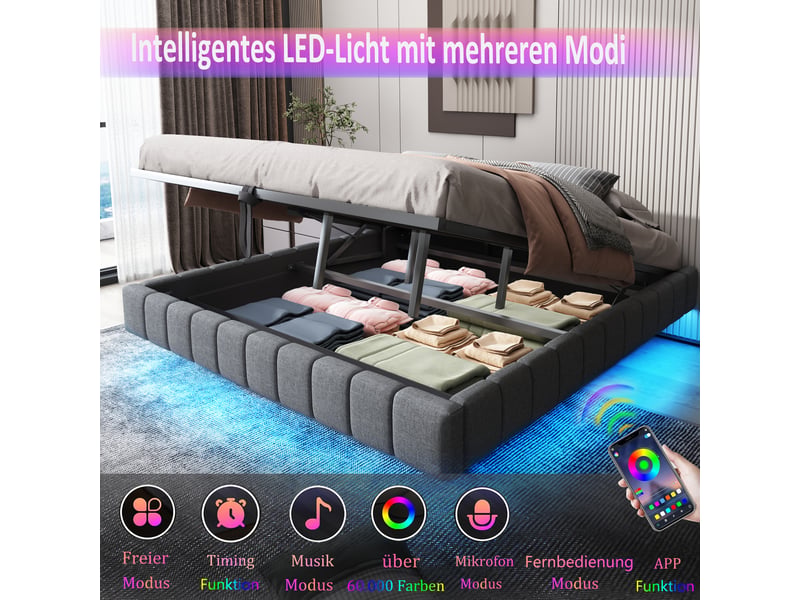  Lit capitonné 140x200 cm gris en lin, cadre suspendu, relevage hydraulique, led et sans tête de lit  - Conforama C