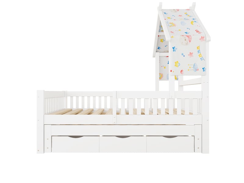  Lit cabane enfant, lit gigogne double 140x200 cm avec 3 tiroirs de rangement et barrières de sécurité, style montessori, blanc  - Conforama D