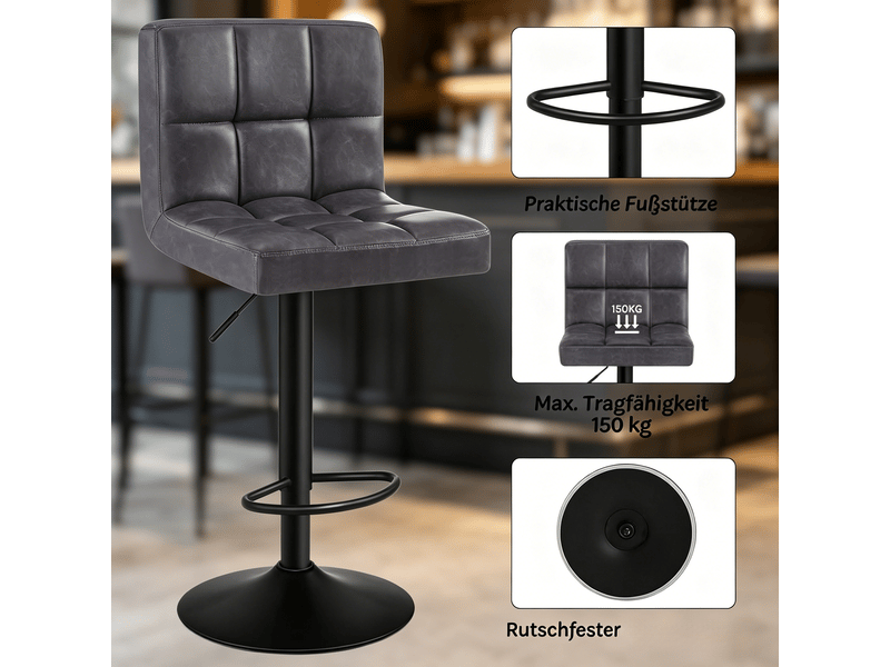  Tabouret de bar pivotant réglable avec dossier et accoudoirs, assise rembourrée en similicuir anthracite  - Conforama E