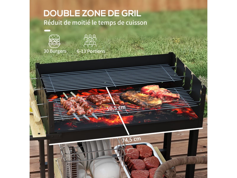  Barbecue à charbon sur pied, double grille réglable, 2 roues, 2 tablettes, 113 x 53,5 x 82,5 cm  - Conforama R
