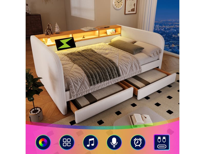  Lit avec rangement 140x190 cm, 2 tiroirs et tête de lit led usb-c, lin beige  - Conforama B