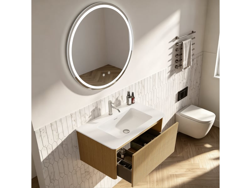  Meuble vasque suspendu avec miroir led antibuée réglable - lpospi - tiroir rainuré, résine minérale - chêne  - Conforama C