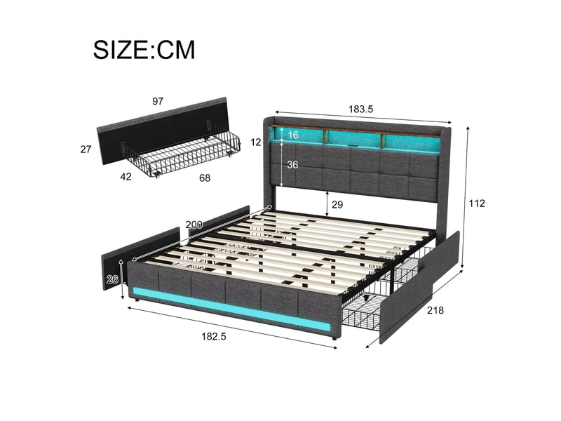 Lit rembourré 180 x 200 cm, lit double avec éclairage led et 4 tiroirs, tête de lit avec espace de rangement et port usb, lin, gris 231205TT0706#ADsmQHWStwDELLM - Conforama E