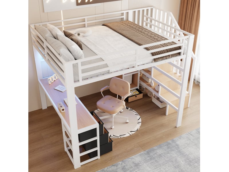  Lit mezzanine enfant 140x200cm, tiroirs, bureau, éclairage led pilotable par application, rangement, coloris blanc, métal, sans matelas  - Conforama D