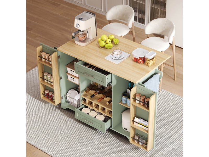  Îlot de cuisine sur roulettes avec plan de travail rabattable, rangement pour vin, porte-verres, porte-épices et porte-serviettes, vert antique  - Conforama C