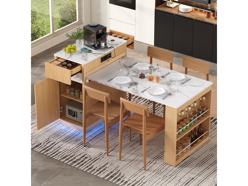  Ilot central de cuisine - 80,5x58x94cm - desserte extensible avec table, prises, led et roulettes - bois naturel  - Conforama C