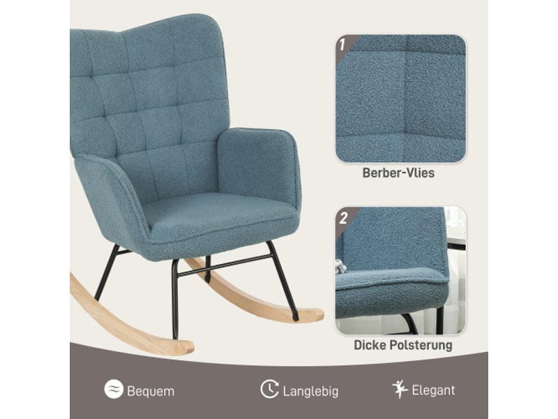  Fauteuil à bascule bleu clair en tissu bouclé, accoudoirs, patins en bois, rembourré, charge 120 kg  - Conforama D