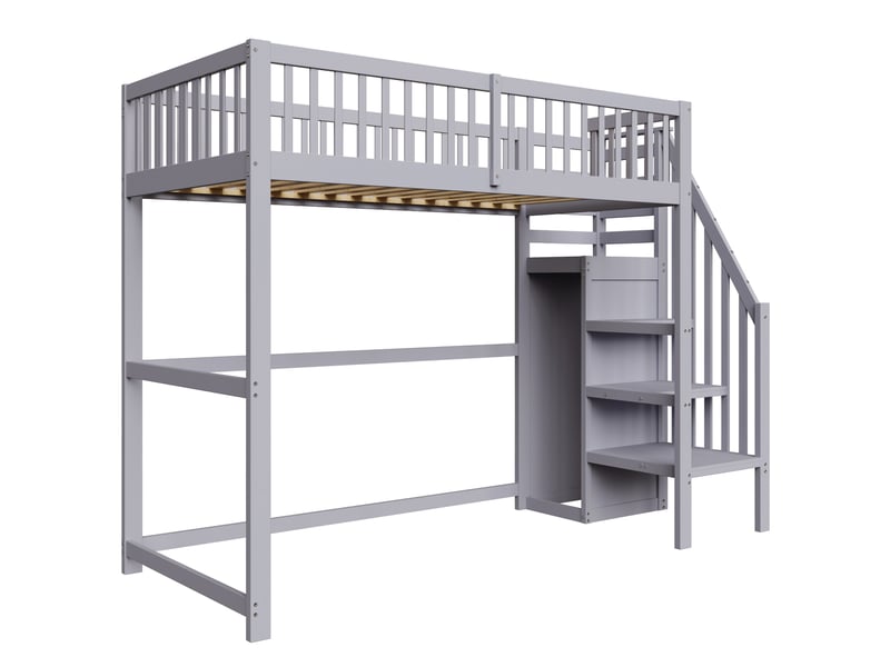 Lit mezzanine 90x200 avec escalier et armoire, lit enfant en bois massif gris, gain de place avec sommier à lattes, 255x95x177.5cm - Conforama D