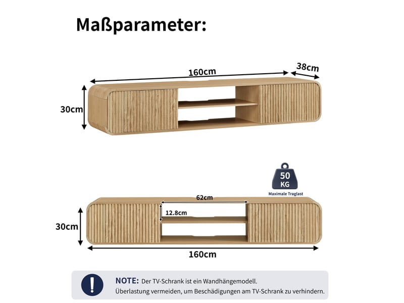 Meuble tv mural suspendu avec 2 portes, 2 niches ouvertes et passe-câbles pour salon, naturel, 160 × 38 × 30 cm - Conforama E