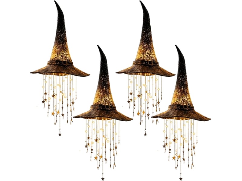  4 pièces décoration halloween suspendue, chapeau de sorcière lumineux led avec étoiles en cascade pour intérieur et extérieur  - Conforama A
