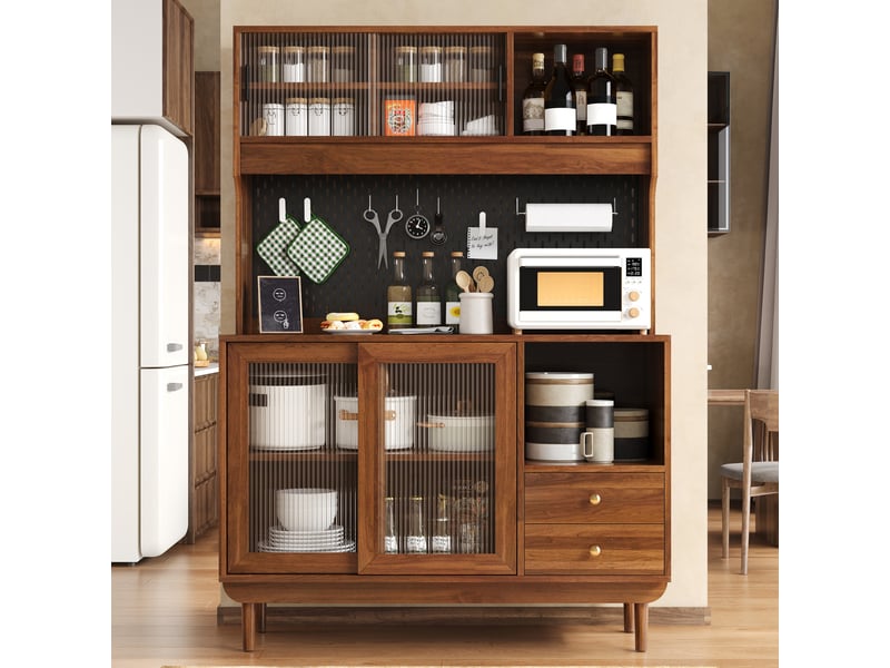  Buffet de cuisine avec 4 portes coulissantes en verre strié et 2 tiroirs, panneau perforé, pour cuisine, 117×30×170 cm  - Conforama C