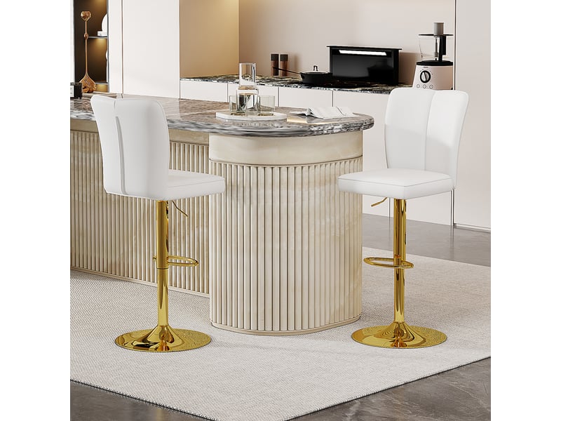  Lot de 2 - tabouret de bar réglable - 44 x 41 x 95,5-117,5 cm-blanc et or - en pu imperméable, pivotant à 360°, hauteur ajustable et base ronde dorée  - Conforama C