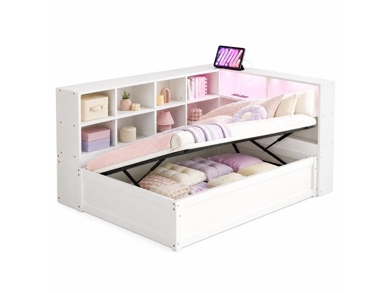  Lit banquette 90x200 cm – blanc – rangement hydraulique multifonction, led et prise intégrée – sans matelas  - Conforama A