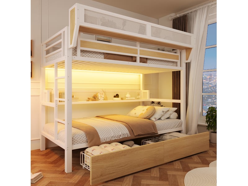  Lit superposé modenvie 90 x 200 cm avec rangement, led et structure métal mdf blanc  - Conforama B